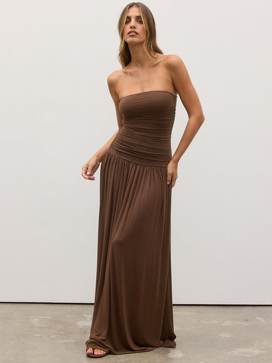 Damen Maxikleid mit raffiniertem gerafftem Oberteil und fließendem Rock EB