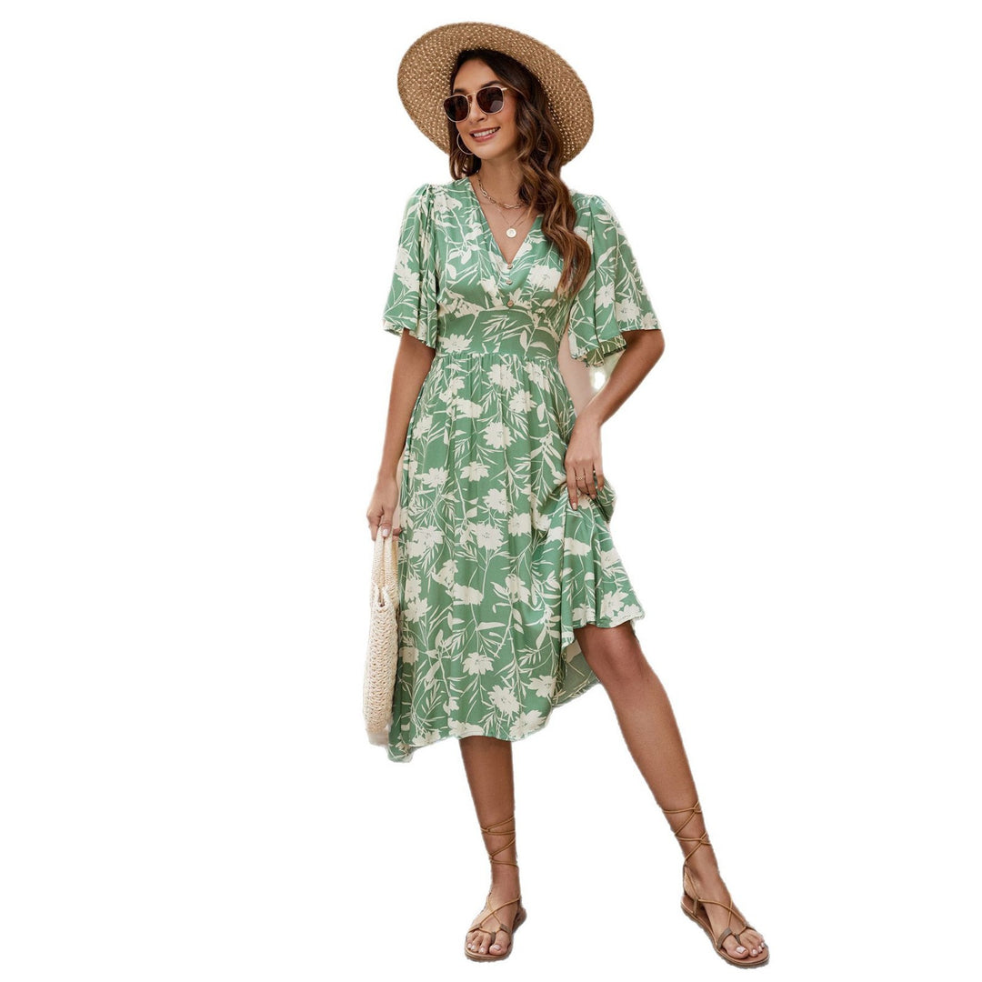 Damen Midi-Kleid mit V-Ausschnitt und voluminösen Ärmeln EB