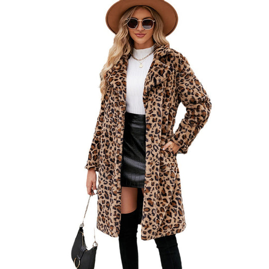 Damen Flauschiger Leoparden-Mantel mit elegantem Revers EB