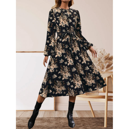 Damen Midikleid mit floralen Details und Taillengürtel EB