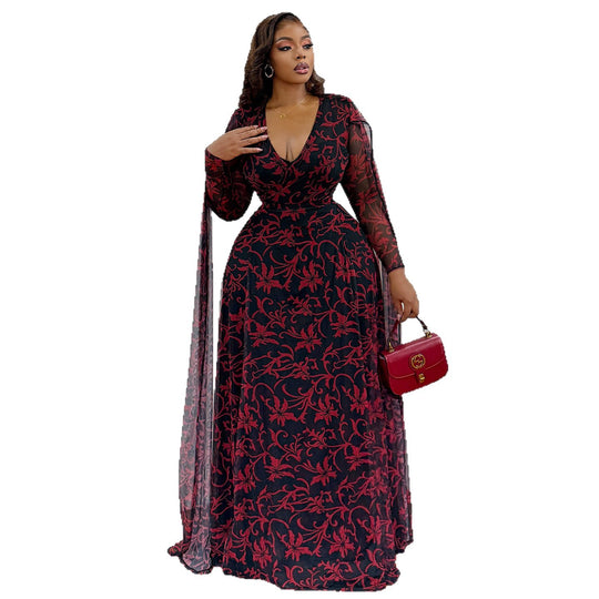 Damen Maxikleid mit floralem Transparentdesign und eleganten Ärmeln EB