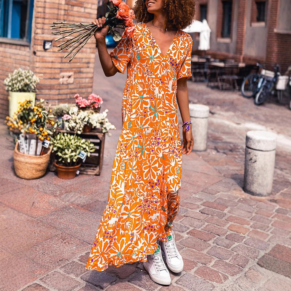 Damen Maxikleid mit weit schwingendem Saum und modernem Floralprint Heidi-Mode
