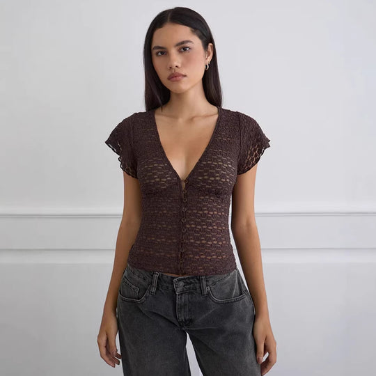 Damen Verspieltes Spitzenoberteil mit fließendem Design und kurzen Puffärmeln EB