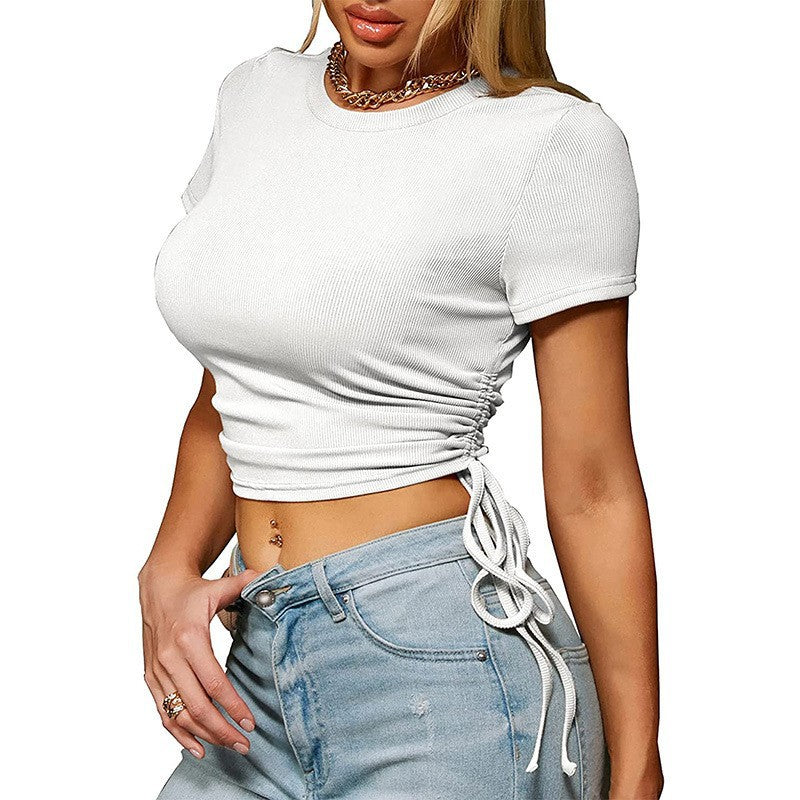 Damen trendiges Cropped T-Shirt mit Raffung und Bändchen EB