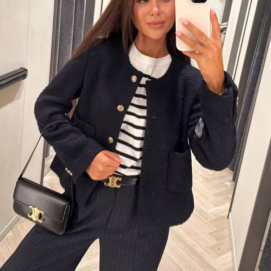 Damen elegante Kurzjacke mit dekorativen Knopfdetails und praktischen Taschen EB