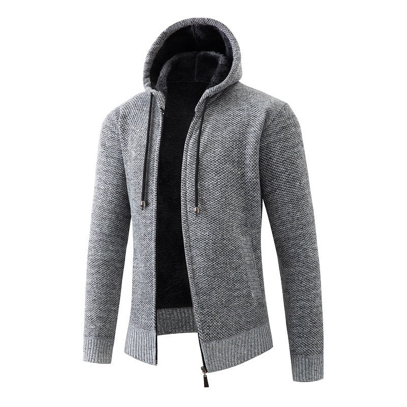 Herren nan melierte Strickzip-Kapuzenjacke mit wärmendem Teddyfutter, verdecktem Zwei-Wege-Reißverschluss und elastischen Bündchen EB