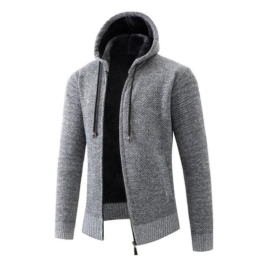 Herren nan melierte Strickzip-Kapuzenjacke mit wärmendem Teddyfutter, verdecktem Zwei-Wege-Reißverschluss und elastischen Bündchen EB