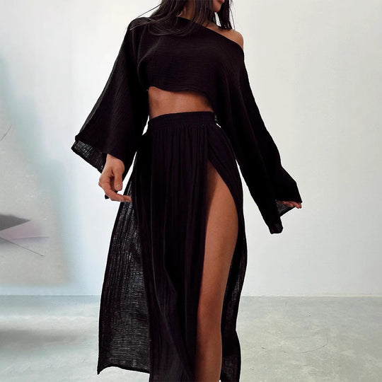 Damen luftiges Set aus cropped Oberteil und hoch geschnittenem Rock EB