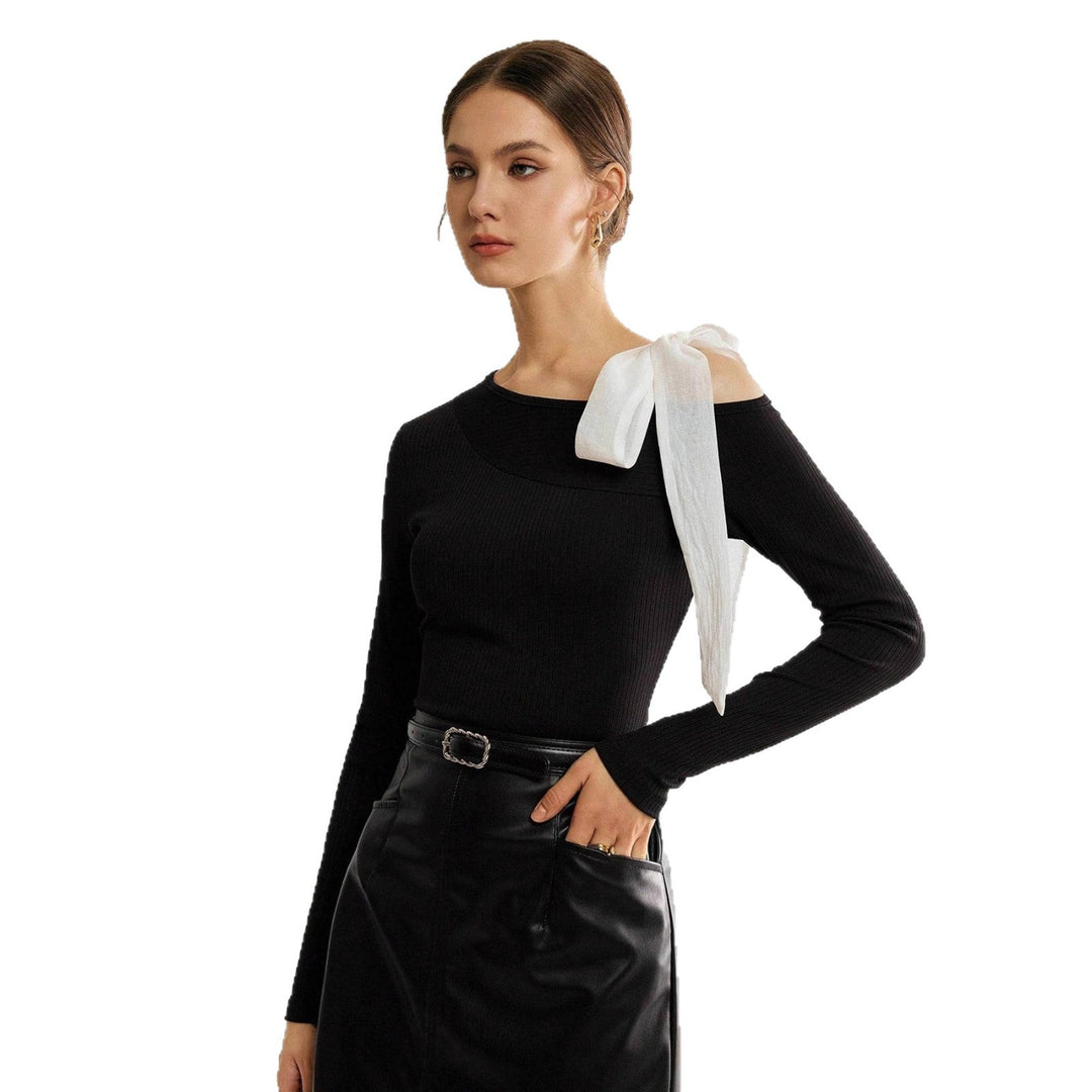 Damen Asymmetrisches One-Shoulder Rippstrick-Top mit Schleifenband EB