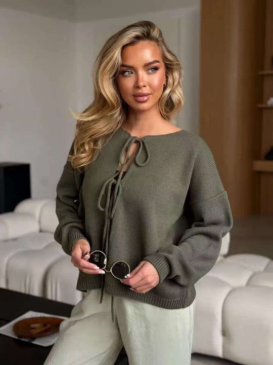 Damen Strickpullover mit eleganter Schnürung und komfortablem Schnitt EB