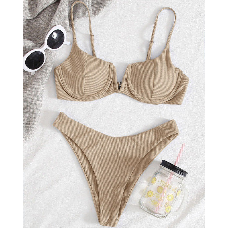 Damen Hoch geschnittenes Bikini-Set mit strukturiertem Oberteil EB