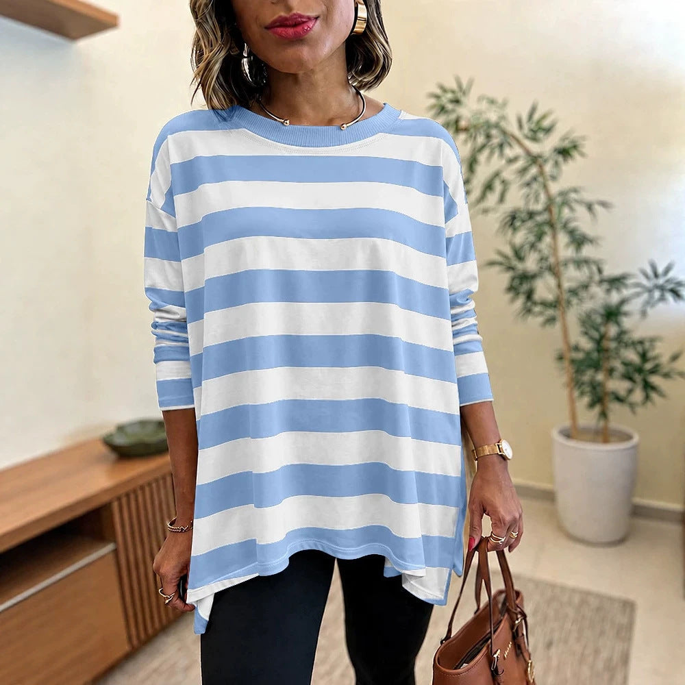 Damen Oversized Streifen-Longsleeve mit Rundhalsausschnitt und abgerundetem Saum EB