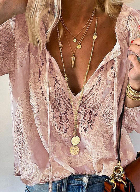 Damen Elegante und feminine Bluse mit V-Ausschnitt und Spitzenakzenten EB