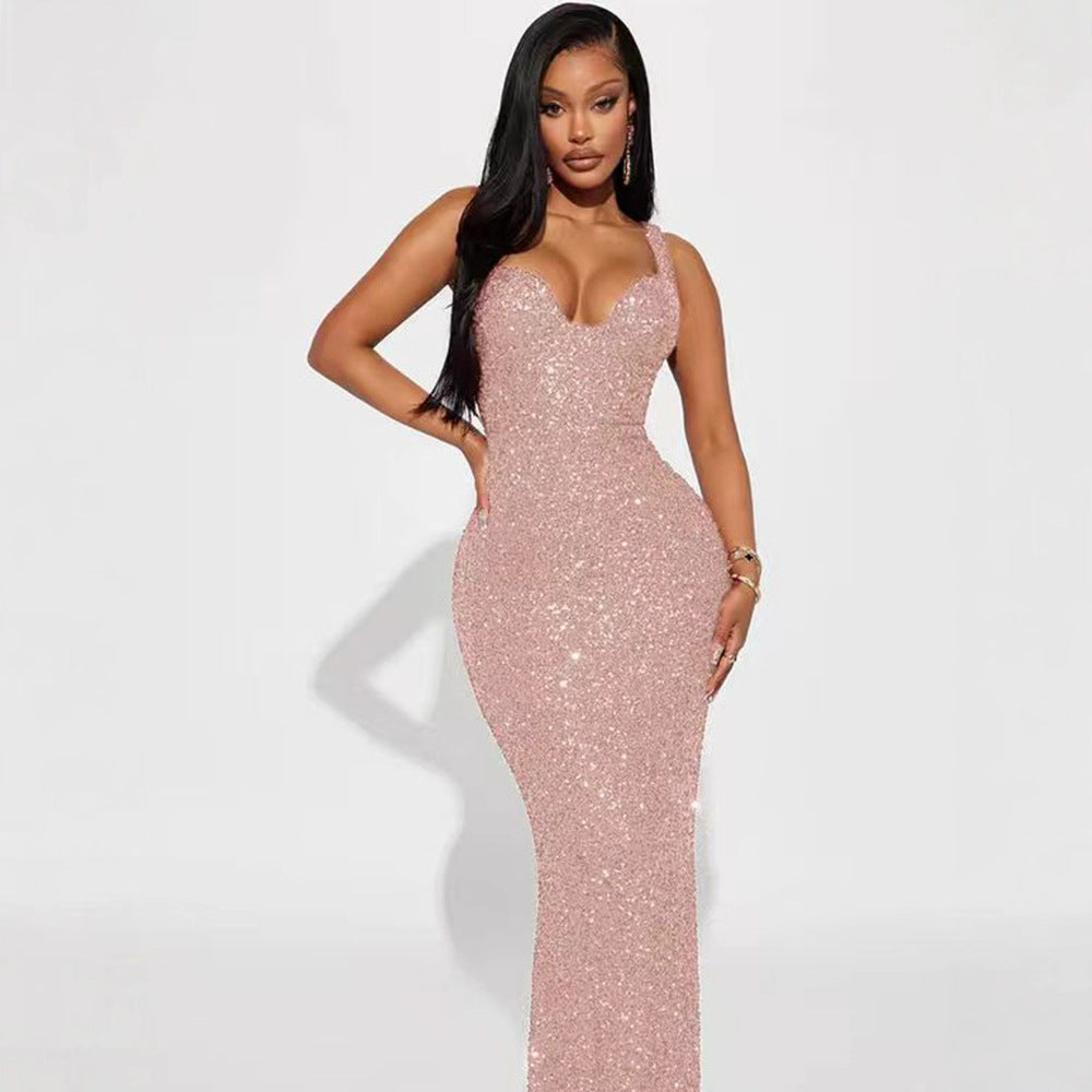 Damen Glamouröses Pailletten Abendkleid mit tiefem Ausschnitt EB