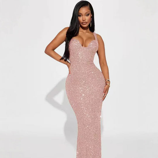 Damen Glamouröses Pailletten Abendkleid mit tiefem Ausschnitt EB