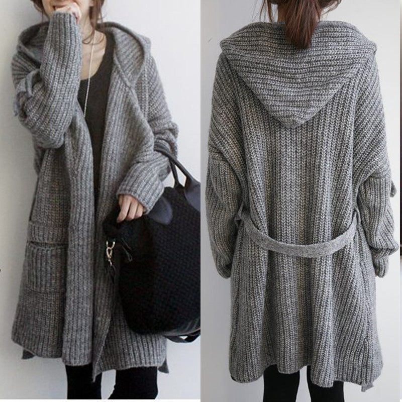 Damen Hüttenstrickmantel mit Gürtel und großen Taschen EB