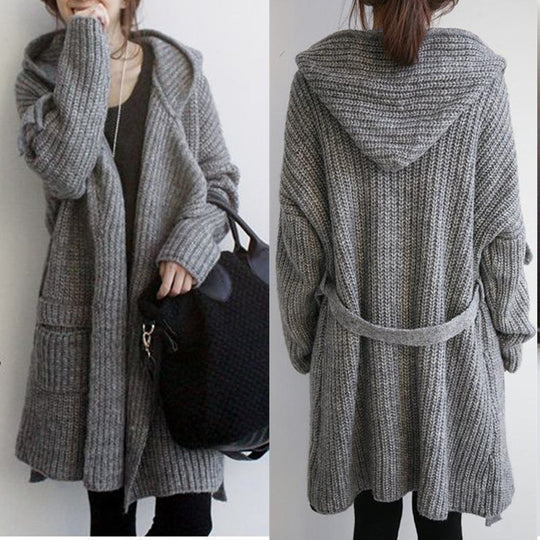 Damen Hüttenstrickmantel mit Gürtel und großen Taschen EB