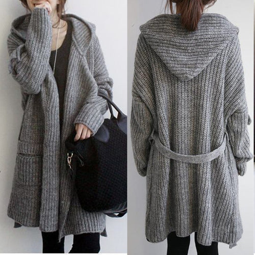 Damen Hüttenstrickmantel mit Gürtel und großen Taschen EB