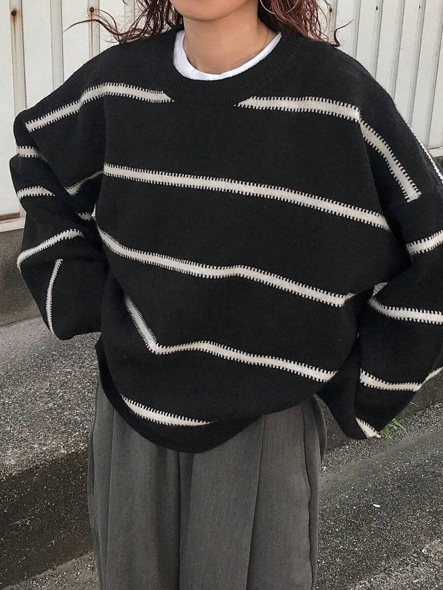 Damen Oversized Strickpullover mit trendigem Streifenmuster und lässiger Passform EB