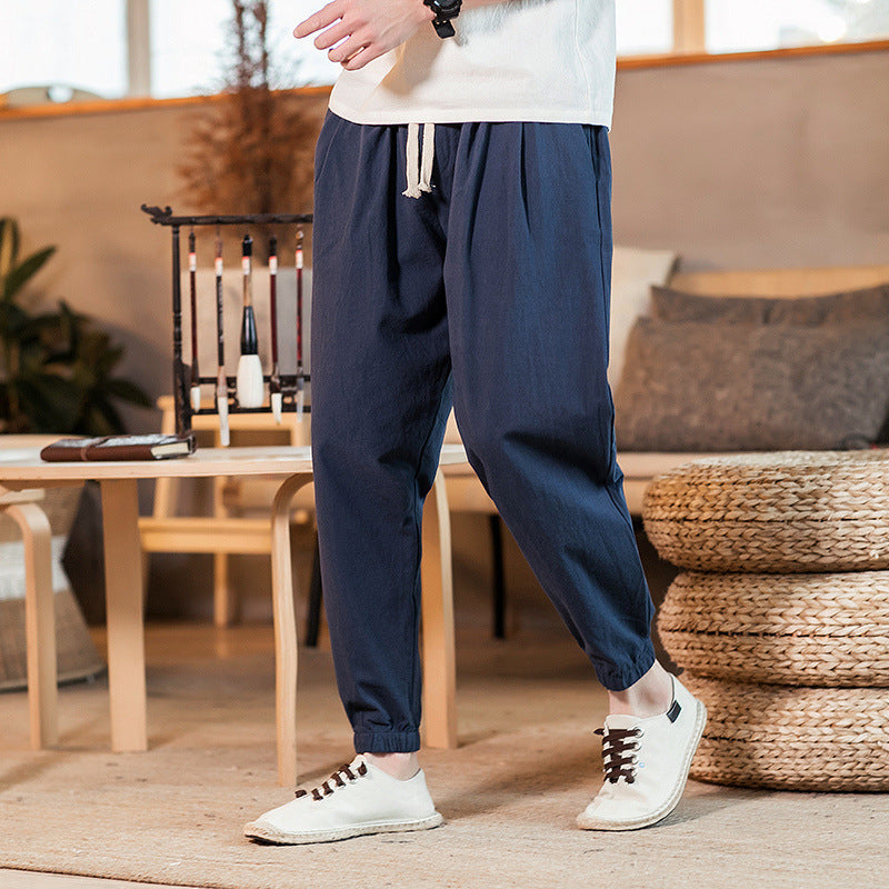 Herren nan leichte Baumwoll-Leinen Jogginghose mit Kordelzug elastischen Bündchen und Seitentaschen EB