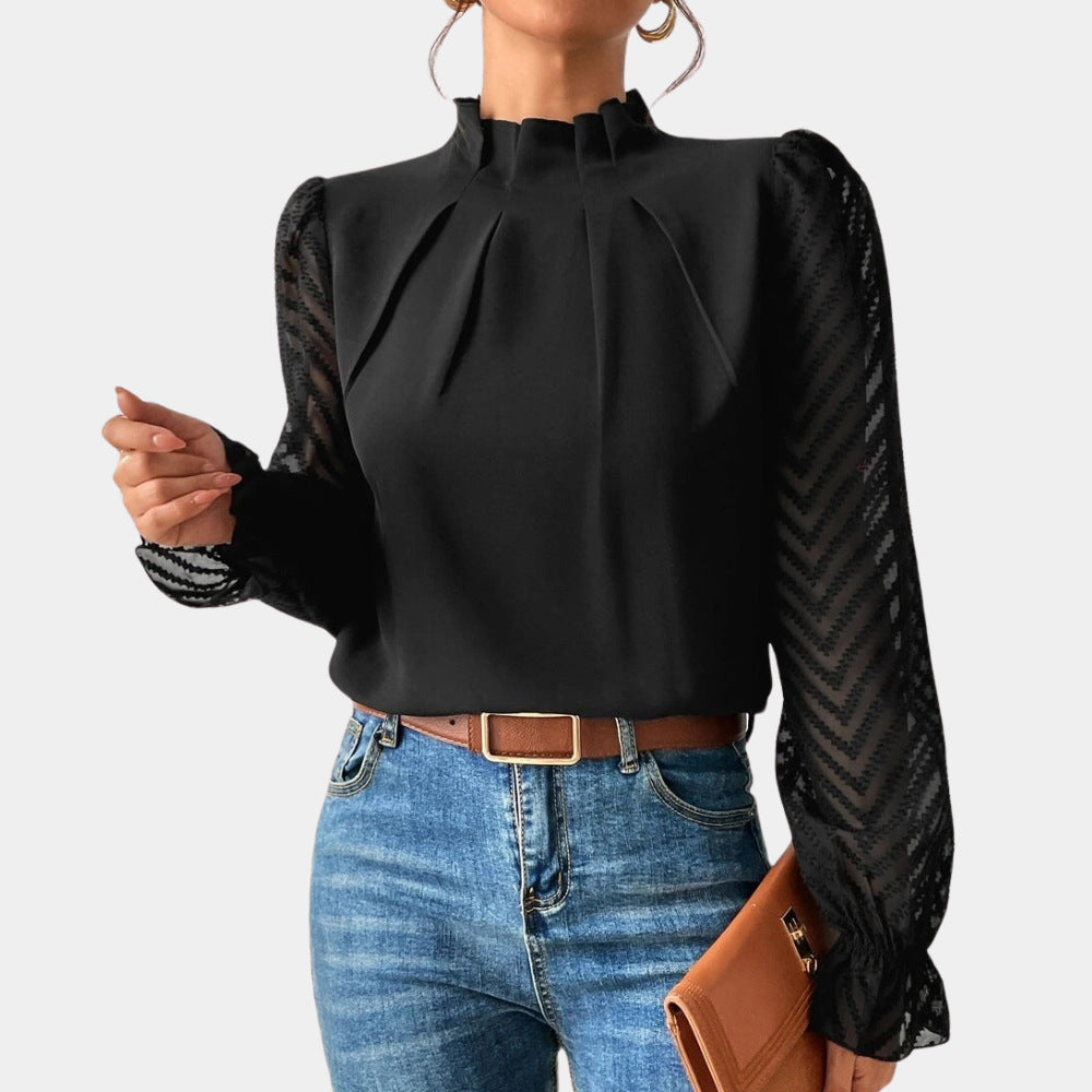 Damen Elegante Chiffonbluse mit Stehkragen, Faltenkante und transparenten Jacquard-Ärmeln EB
