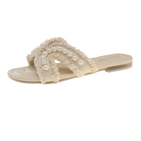 Damen elegante Sandaletten mit perlenverziertem Riemendesign EB