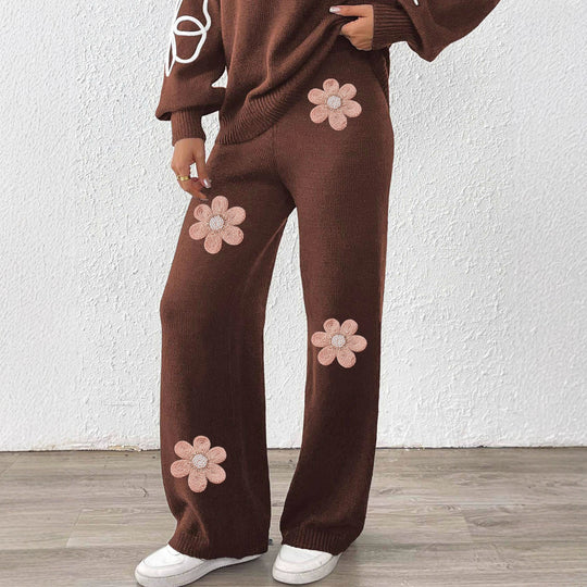 Damen lockere Strickhose mit floralen Applikationen EB