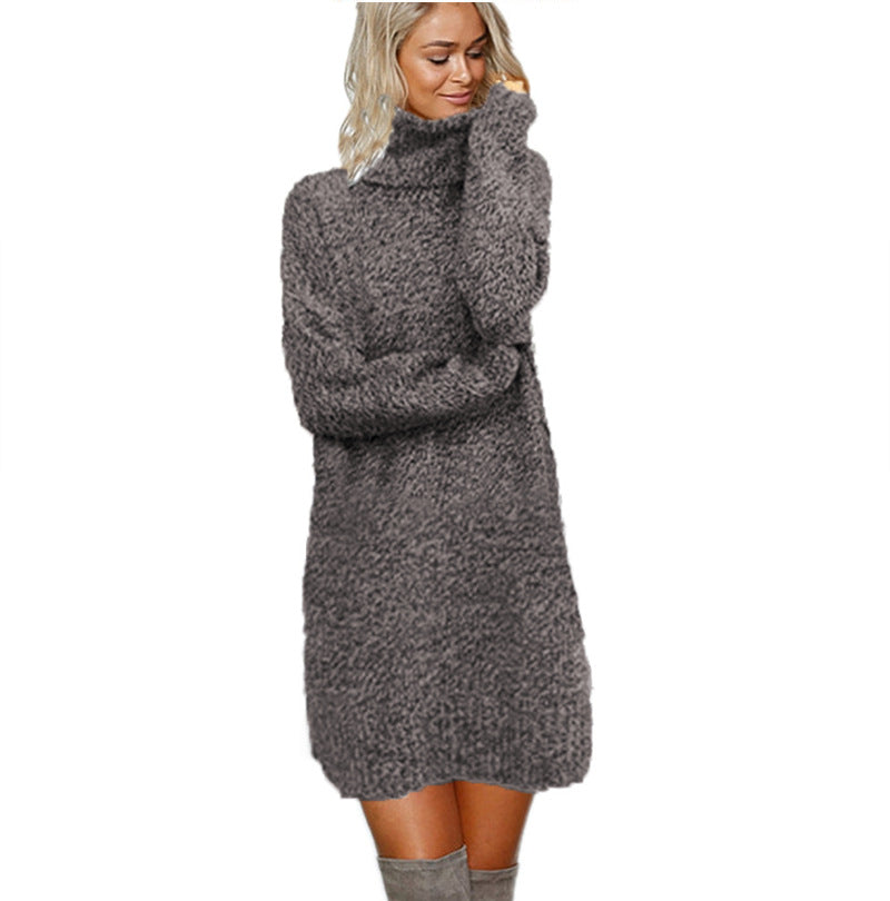 Damen Strickkleid mit hohem Kragen aus kuscheligem Material EB