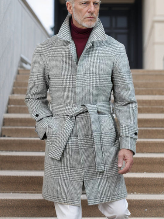 Herren eleganter Langmantel im karierten Design mit Taillengürtel und praktischen Taschen EB