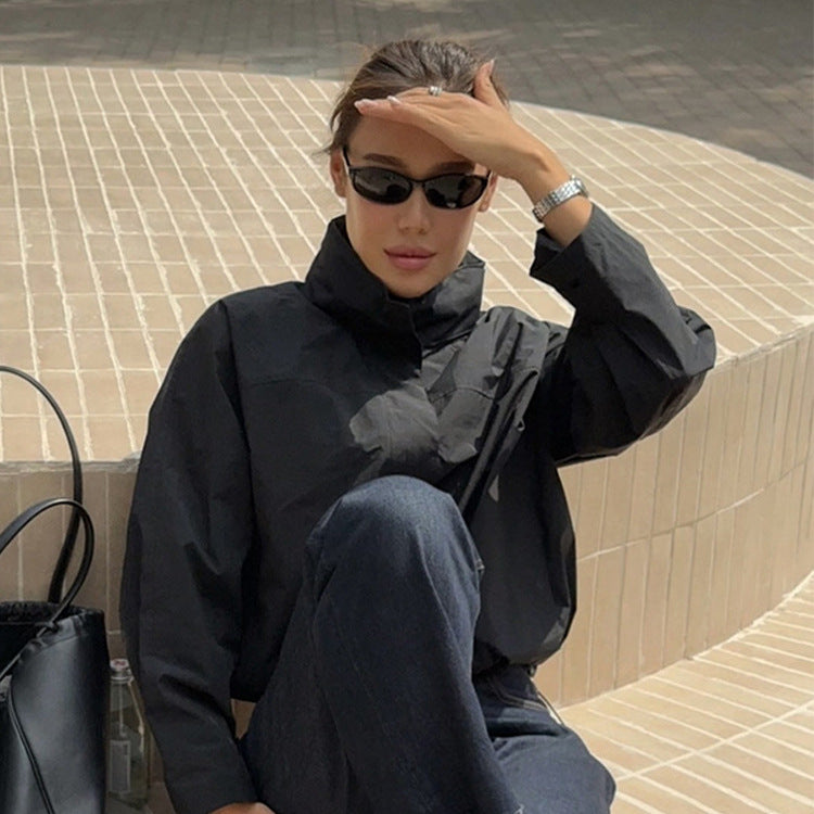 Damen lässige oversized Jacke mit hohem Kragen und verstellbarem Verschluss EB