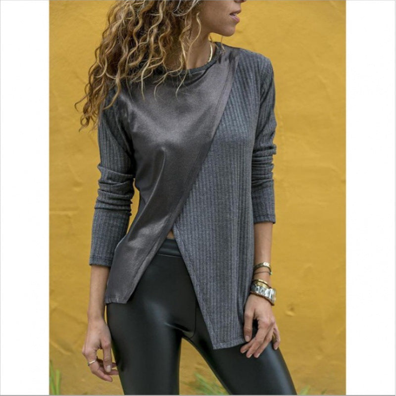 Damen Asymmetrisches Longsleeve mit Lederoptik‑Overlay und Rippstrick EB
