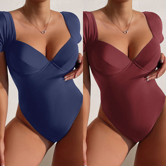 Damen Einteiler Badeanzug mit eleganten Kurzärmel und tiefem V-Ausschnitt EB