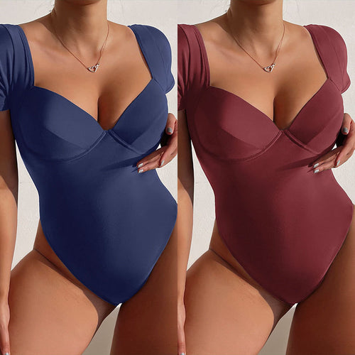 Damen Einteiler Badeanzug mit eleganten Kurzärmel und tiefem V-Ausschnitt EB