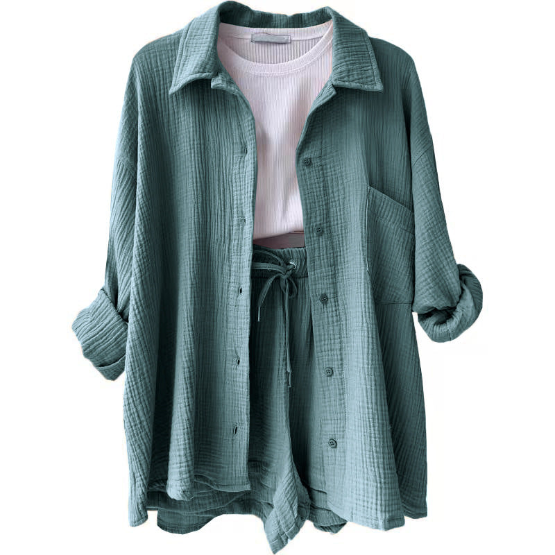 Damen nan lässiges oversized Hemd und Shorts Set mit Brusttasche Kordelbund und gerauter Baumwollstruktur EB