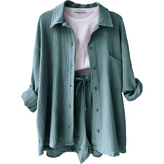 Damen nan lässiges oversized Hemd und Shorts Set mit Brusttasche Kordelbund und gerauter Baumwollstruktur EB