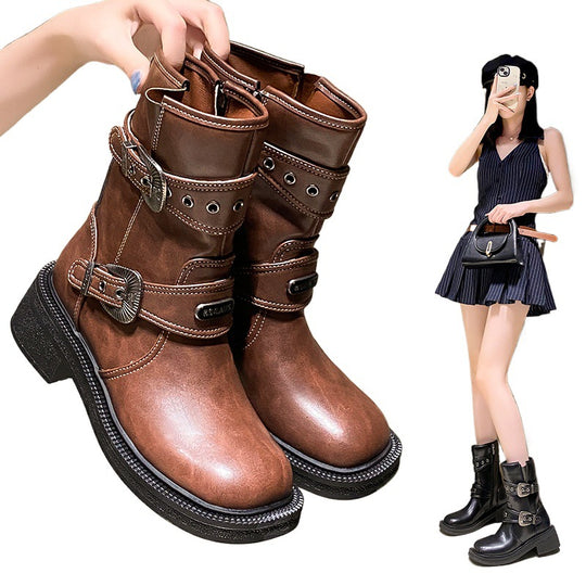 Damen modische Stiefel mit dekorativen Schnallen und robustem Profil EB