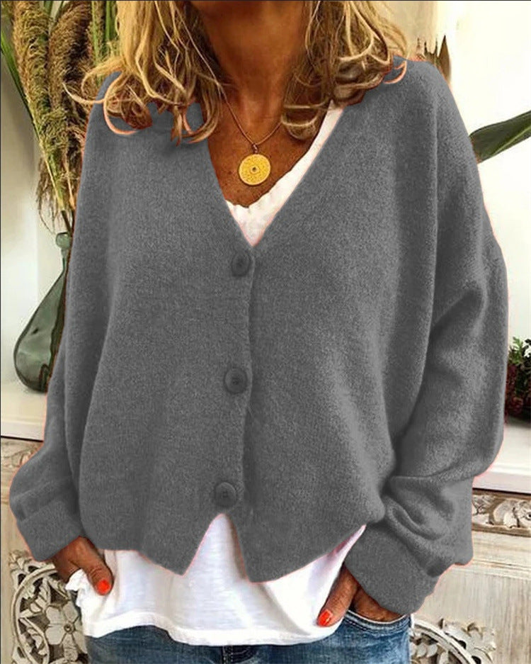 Damen lässiger Strickcardigan mit tiefem V-Ausschnitt und großen Knöpfen EB