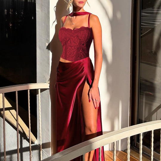 Damen elegantes Maxikleid mit Spitzenoberteil und fließendem Rock EB