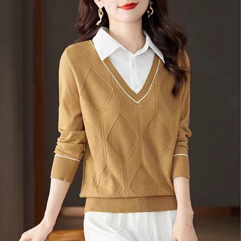 Damen gestrickter Pullover mit v-ausschnitt und strukturiertem Diamantmuster EB