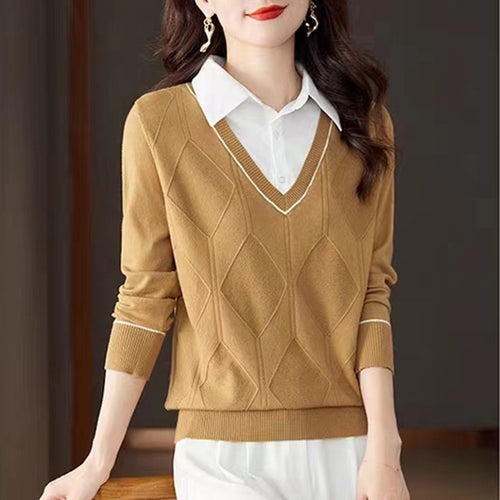Damen gestrickter Pullover mit v-ausschnitt und strukturiertem Diamantmuster EB