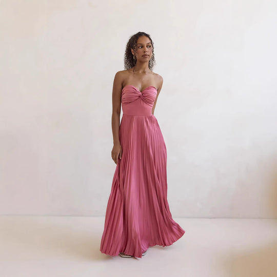 Damen Langärmliges Plisseekleid mit elegantem Oberteil und fließendem Rock EB