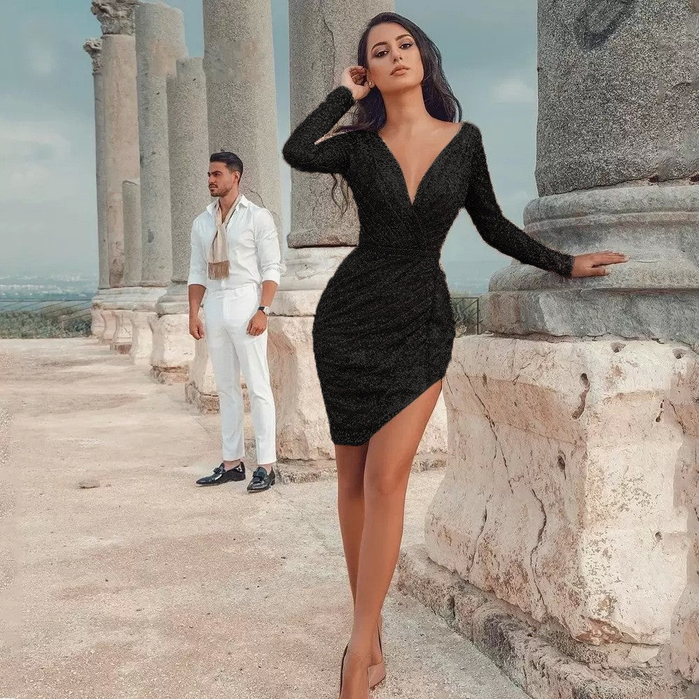 Damen Figurbetontes Glitzerkleid mit tiefem V-Ausschnitt und asymmetrischem Saum EB