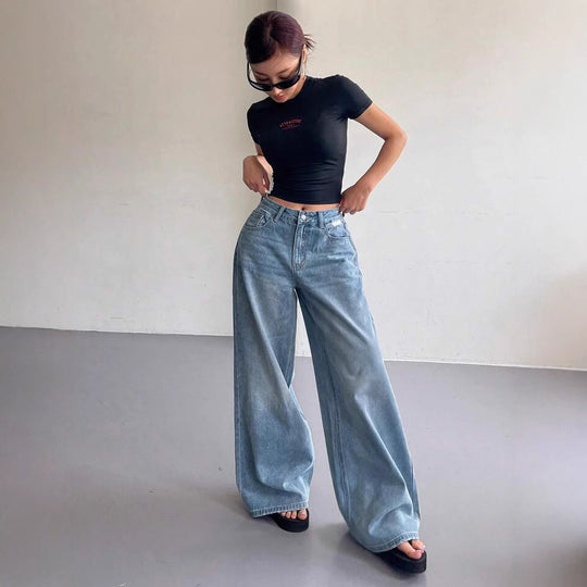 Damen Weite Jeanshose im lässigen Style mit hohem Bund und modischen Details EB