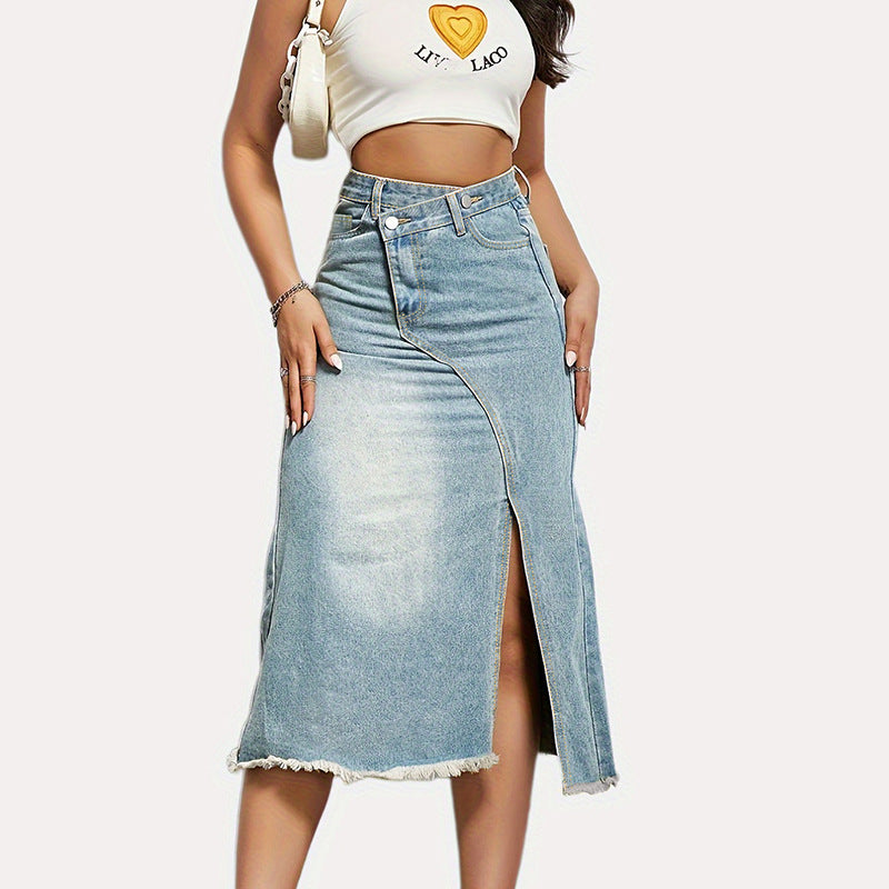 Damen Midi-Jeansrock mit hoher Taille und modischem Fransenabschluss EB