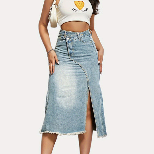 Damen Midi-Jeansrock mit hoher Taille und modischem Fransenabschluss EB