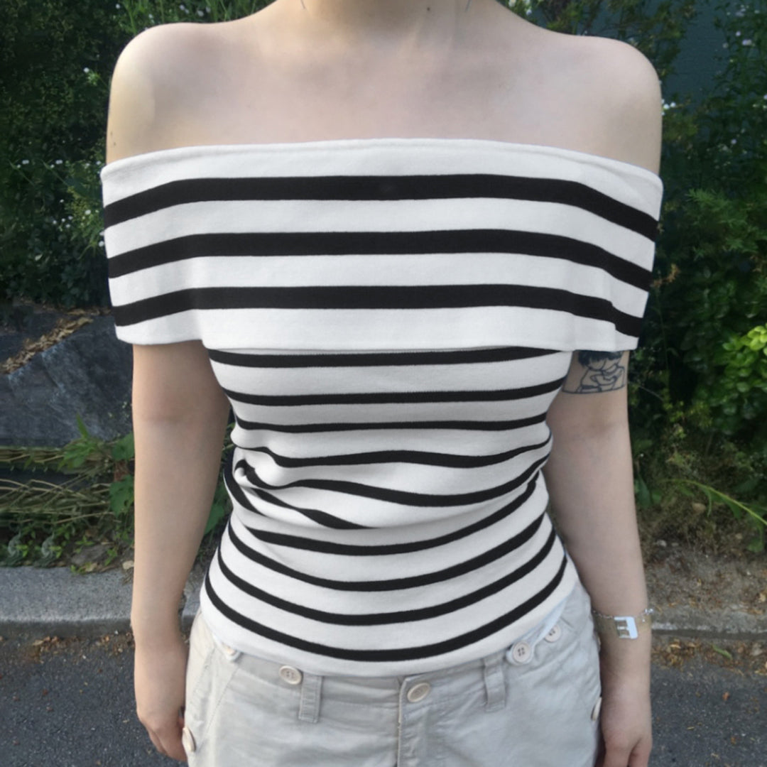 Damen Off-Shoulder Oberteil mit gestreiftem Design und breitem Kragen EB