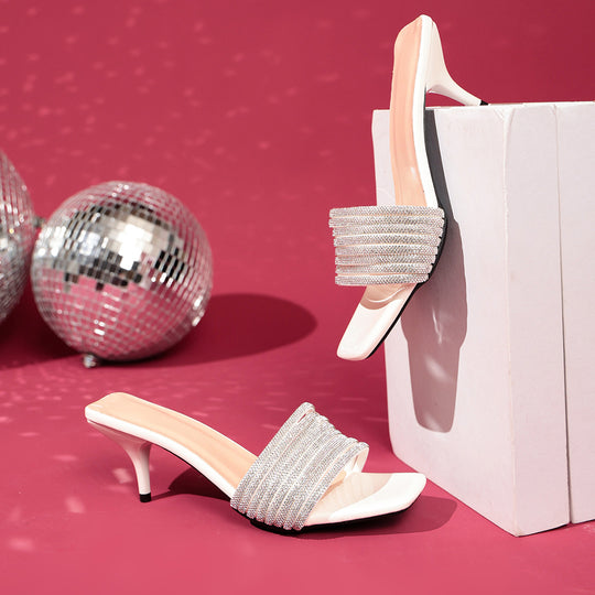Damen elegante High Heel Mules mit geschwungenem Riemendesign EB