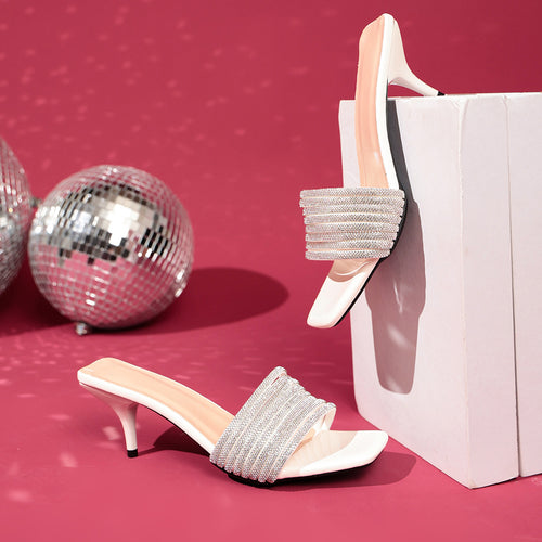 Damen elegante High Heel Mules mit geschwungenem Riemendesign EB