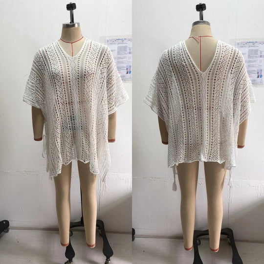 Damen Häkel-Strandtunika mit elegantem V-Ausschnitt und seitlichen Bindebändern EB