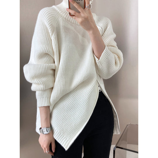 Damen lässiger Strickpullover mit seitlichem Reißverschluss und hohem Kragen EB